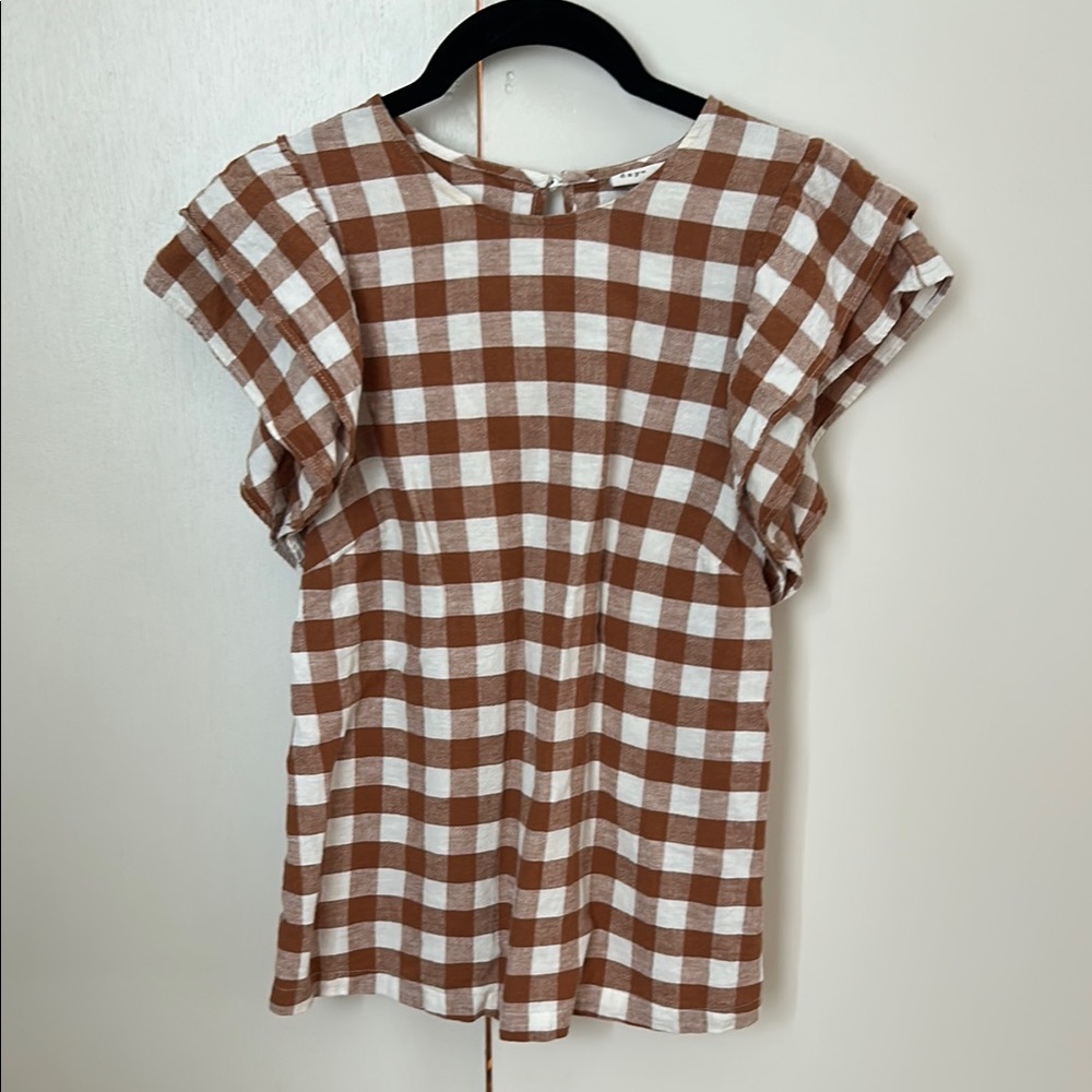 a new day Target brown white plaid check blouse shirt top LIKE NEW ruffle sleeve